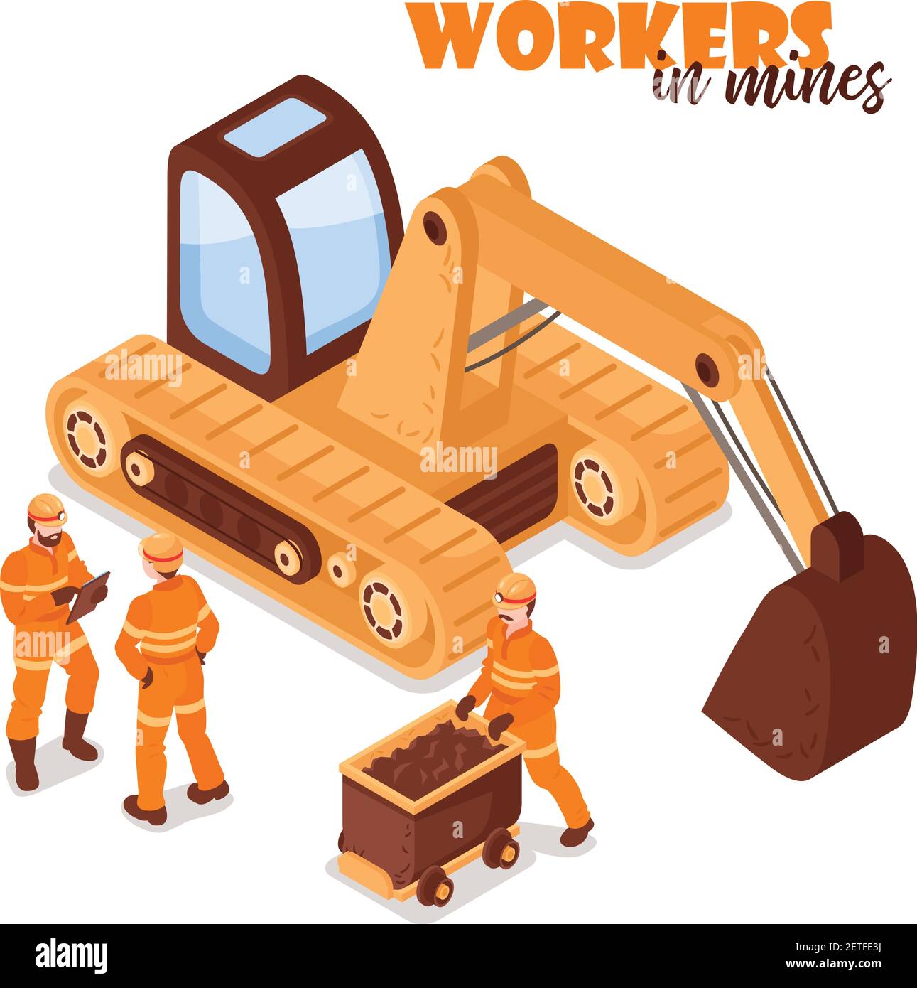 Mine isometric background with image of yellow excavator and miner characters in uniform on blank background vector illustration Stock Vector