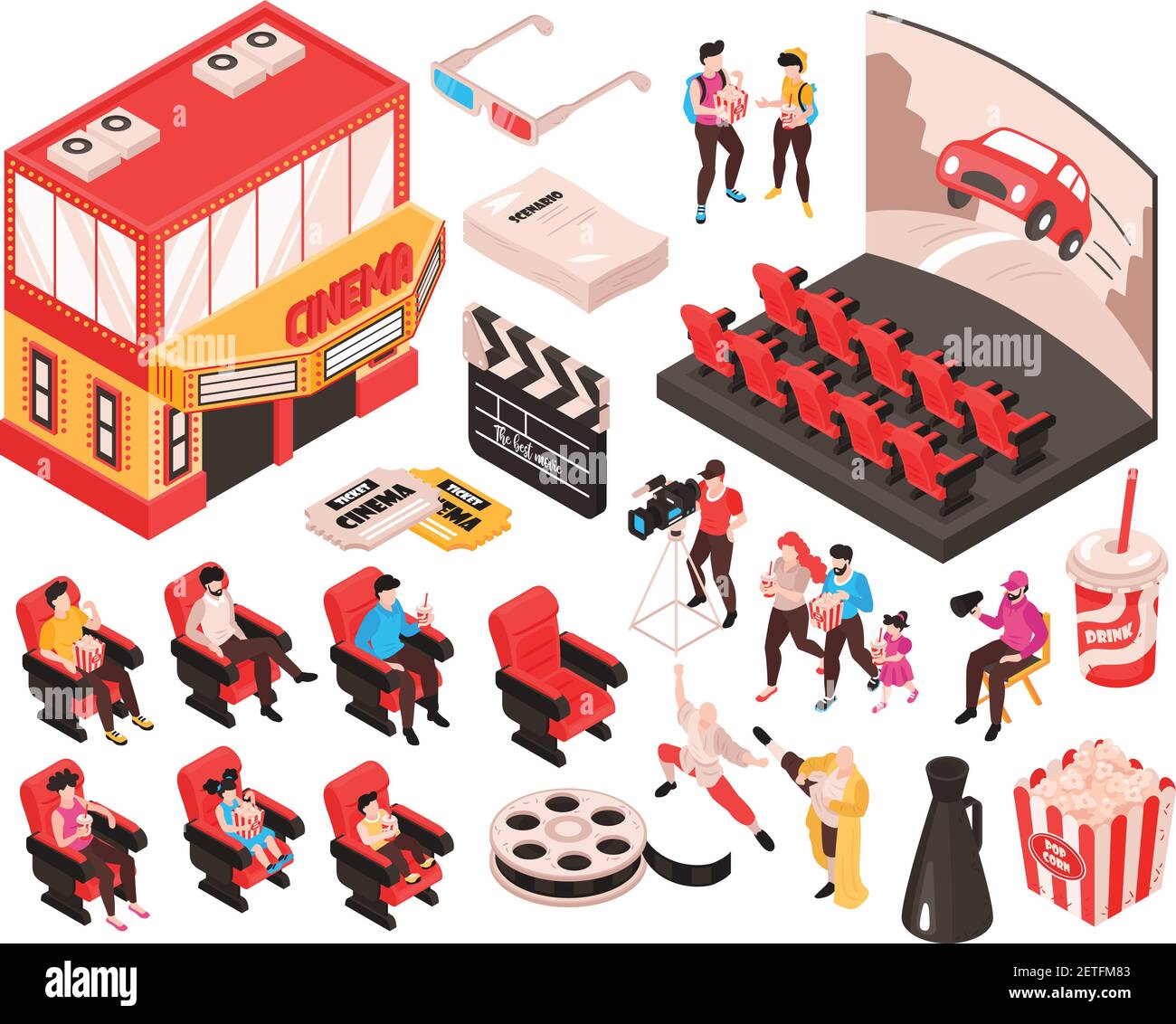 Isometric movie cinema set of isolated elements theater building
