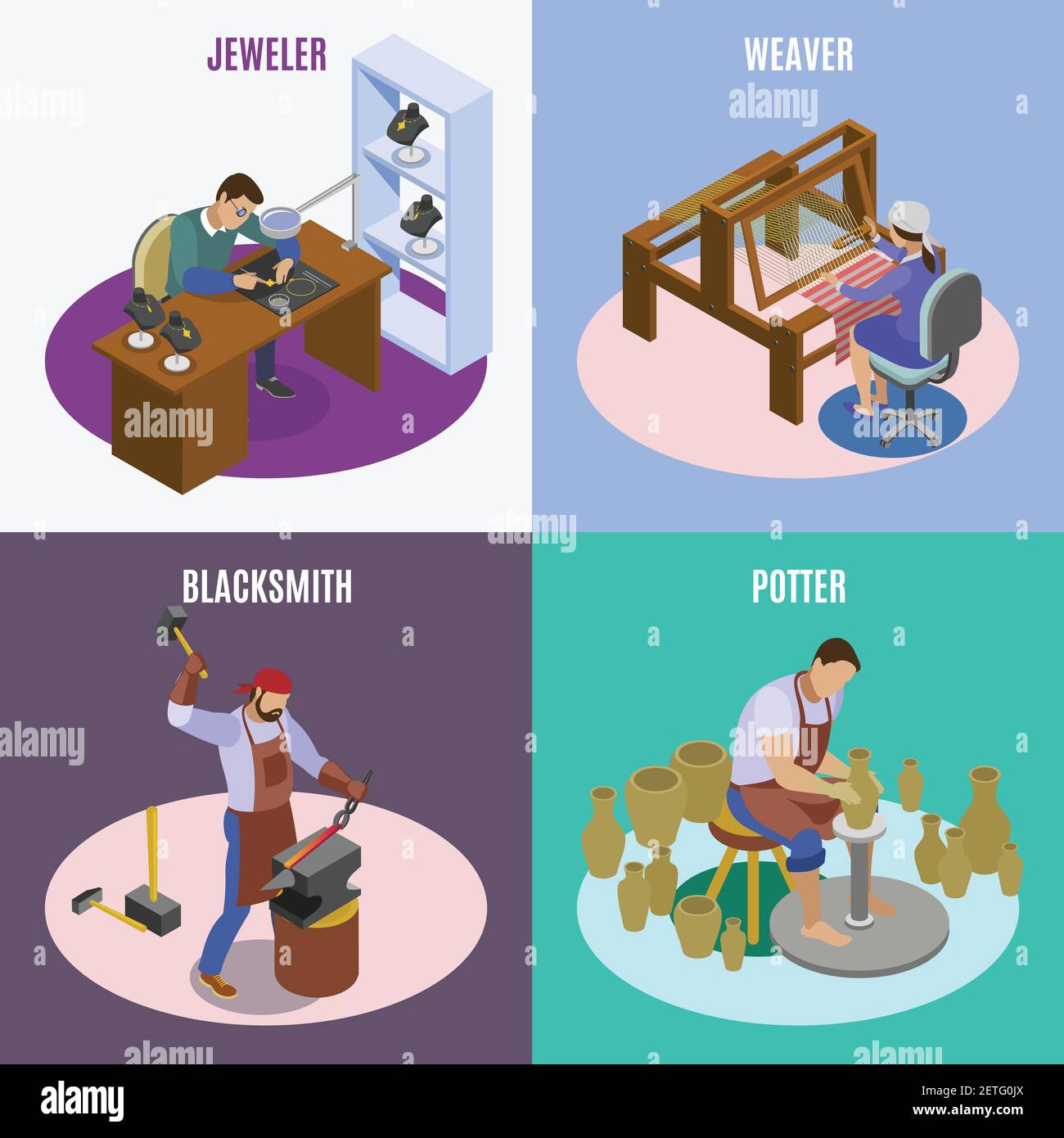 Craftsman isometric 4 icons square concept with hand loom weaver ...