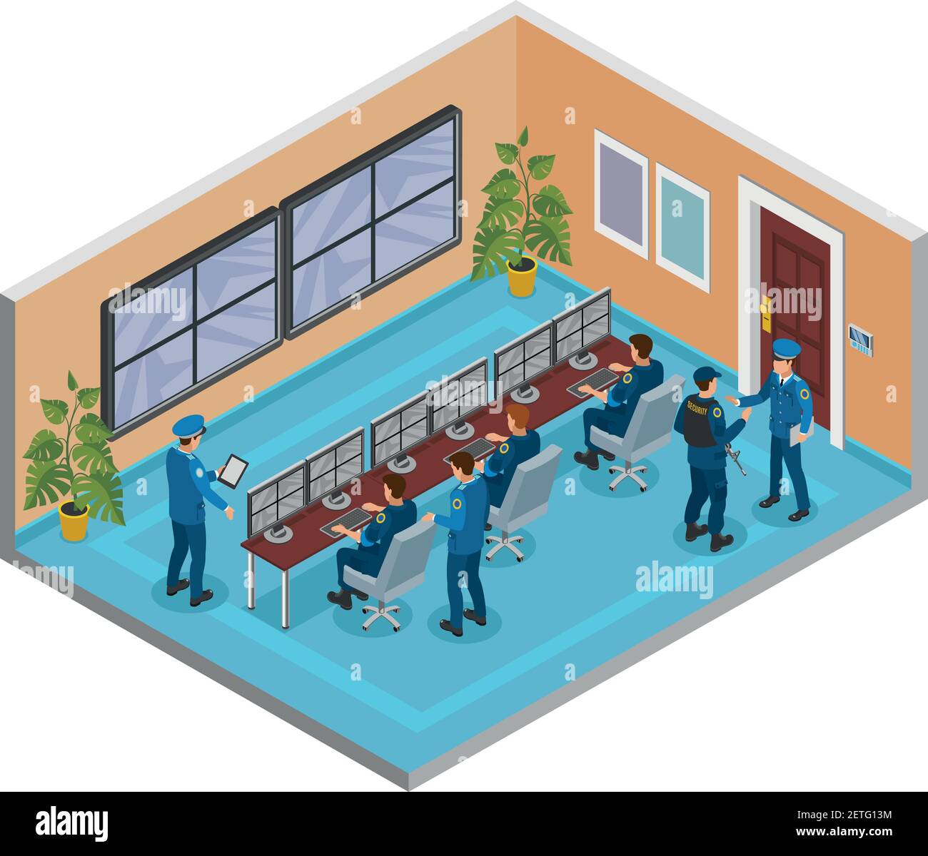 Security systems isometric composition with cctv surveillance cameras monitoring and responding operators officers room interior vector illustration Stock Vector