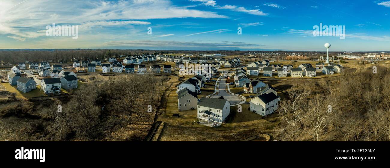 Aerial view of new construction culdesac deadend street with luxury houses in a Maryland