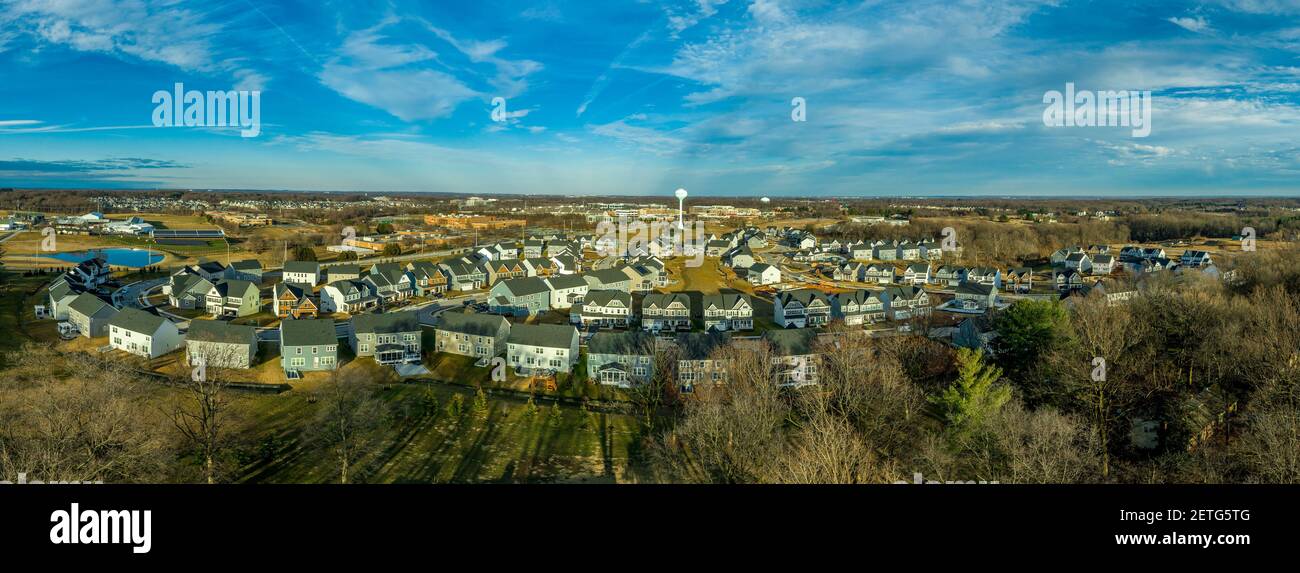 Aerial view of new construction culdesac deadend street with luxury houses in a Maryland