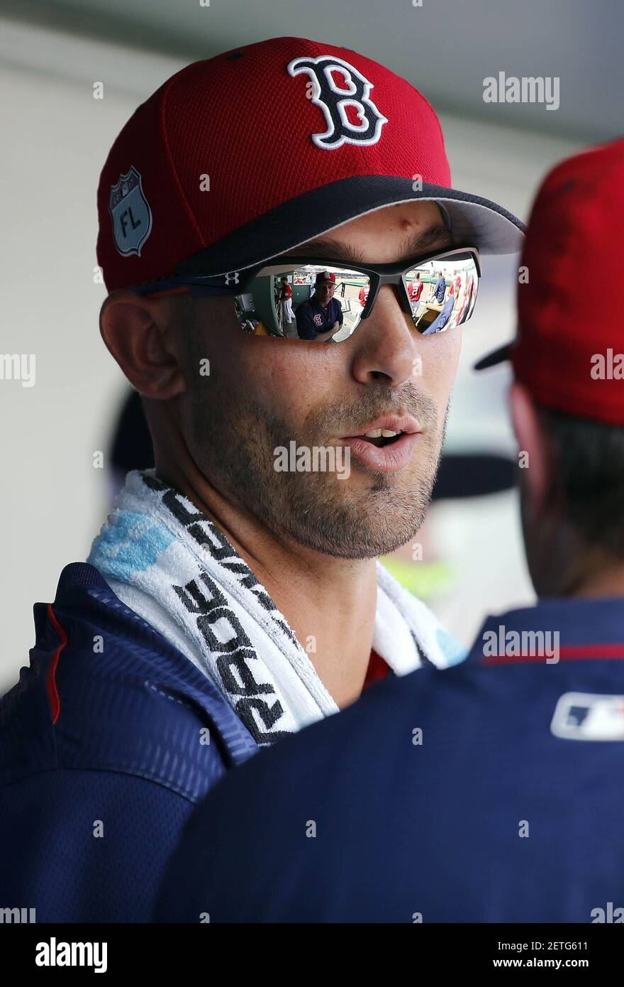 Feb 24, 2017; Fort Myers, FL, USA; Boston Red Sox pitcher Rick Porcello (22) talks in the dugout during the second inning against the New York Mets at JetBlue Park. Mandatory Credit: Kim Klement-USA TODAY Sports *** Please Use Credit from Credit Field *** Stock Photo