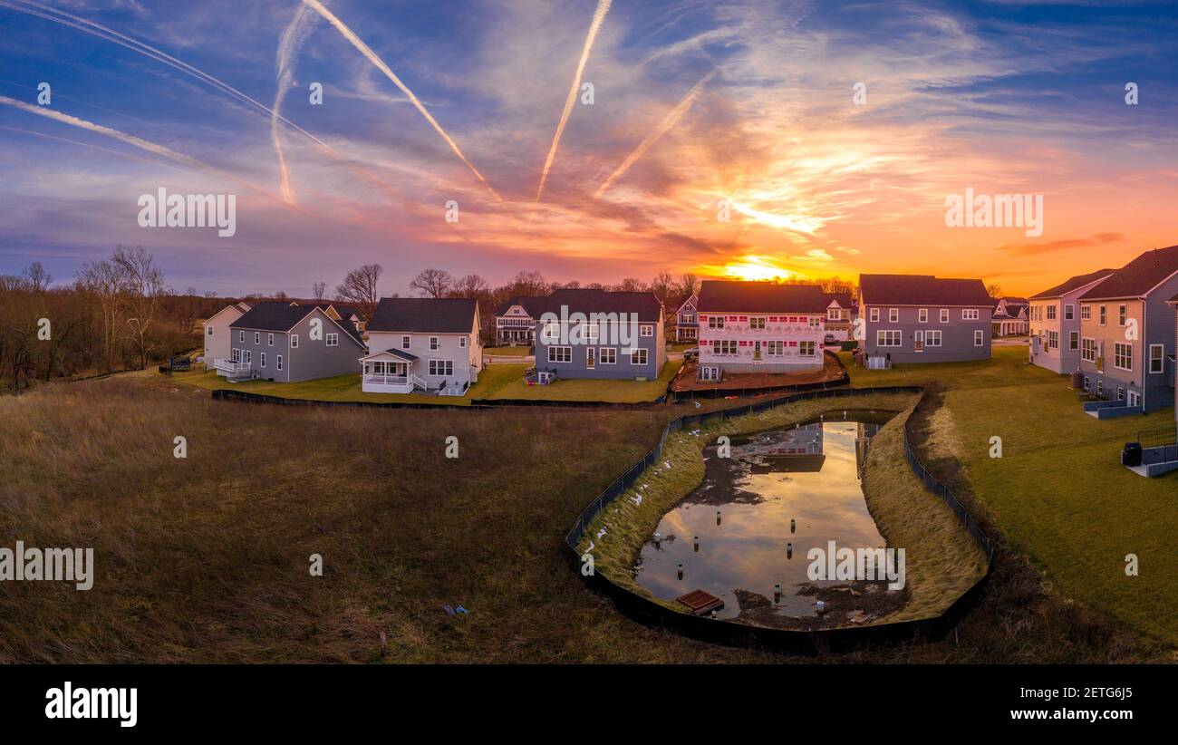 Aerial view of new construction culdesac deadend street with luxury houses in a Maryland