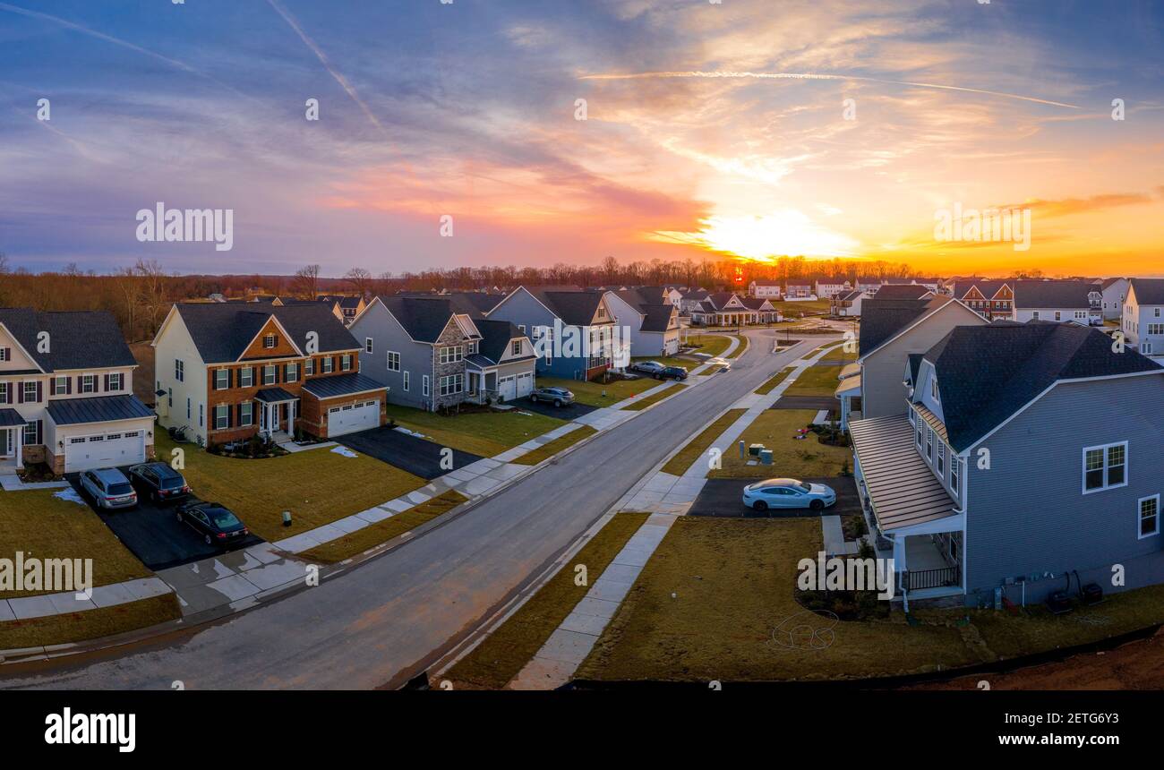 Aerial view of new construction culdesac deadend street with luxury houses in a Maryland