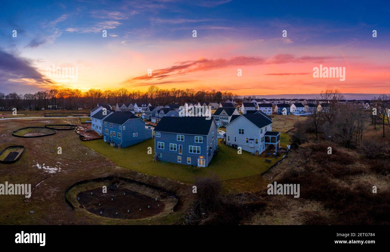Aerial view of new construction culdesac deadend street with luxury houses in a Maryland