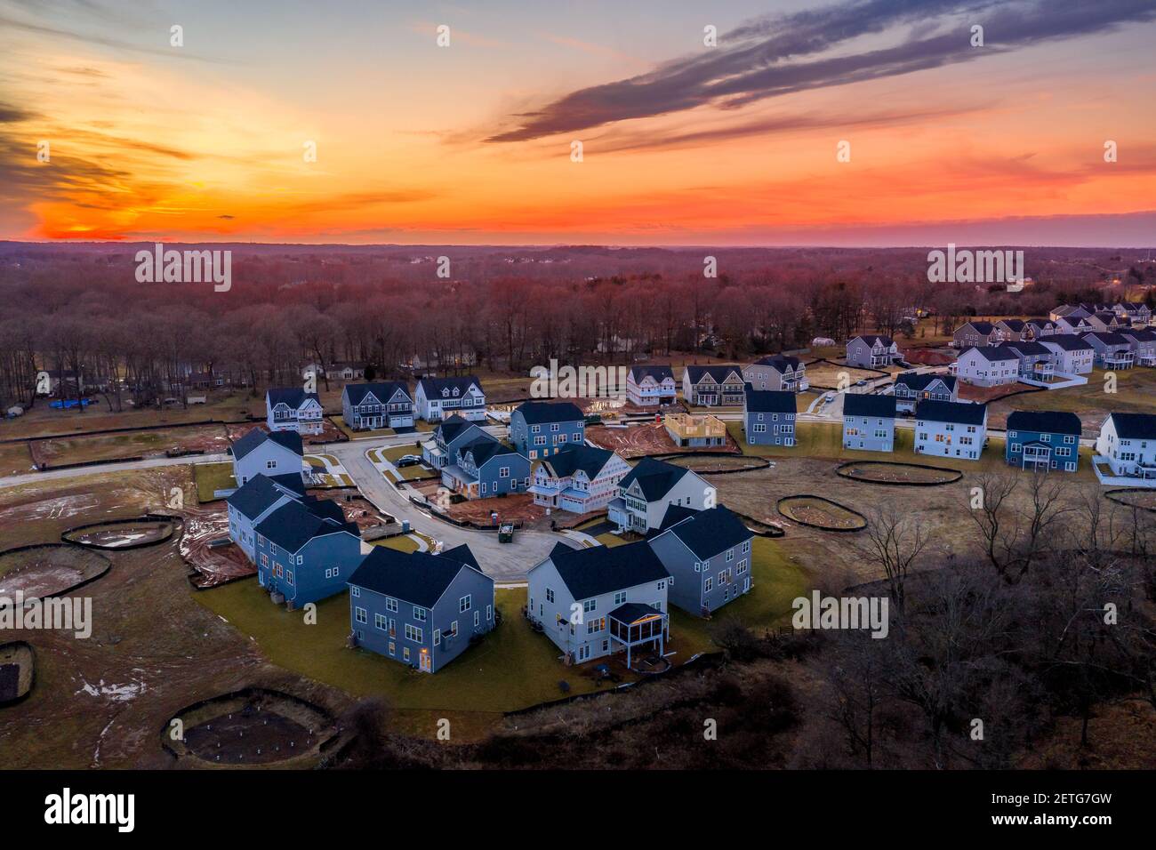 Aerial view of new construction culdesac deadend street with luxury houses in a Maryland