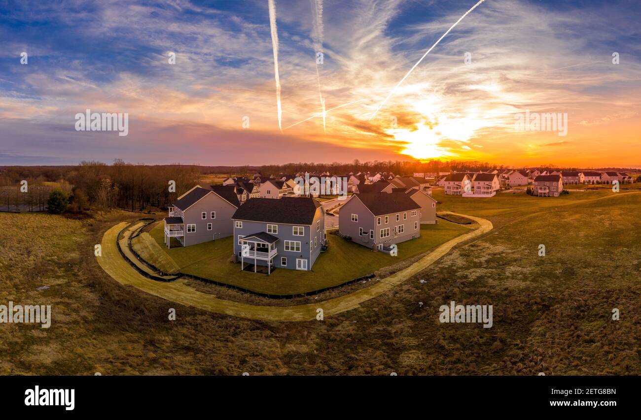 Aerial view of new construction culdesac deadend street with luxury houses in a Maryland