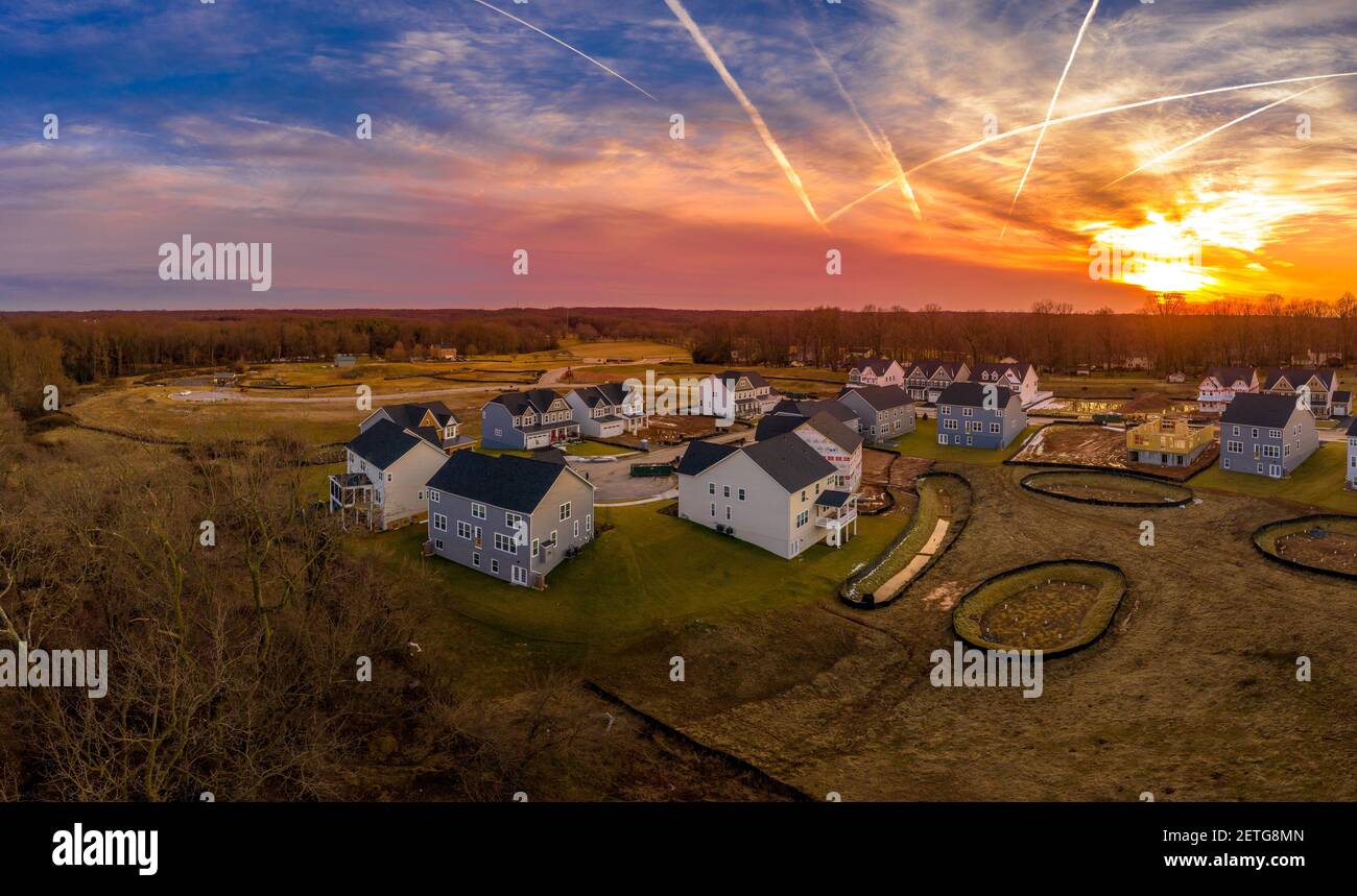 Aerial view of new construction culdesac deadend street with luxury houses in a Maryland