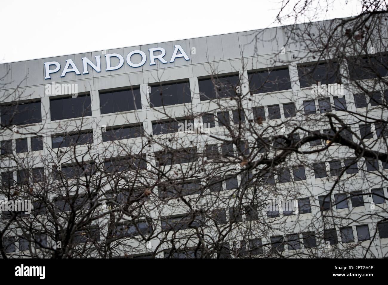 A logo sign outside of the headquarters of Pandora Media Inc., in Oakland,  California, on February 18, 2017. Photo by Kristoffer Tripplaar *** Please  Use Credit from Credit Field *** Stock Photo - Alamy