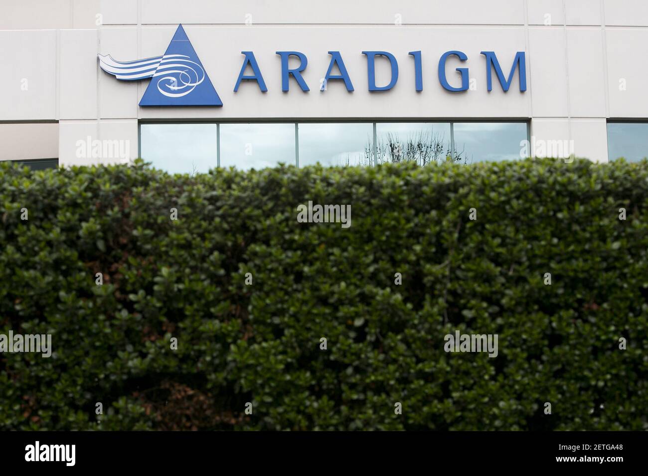 A logo sign outside of the headquarters of Aradigm in Hayward ...