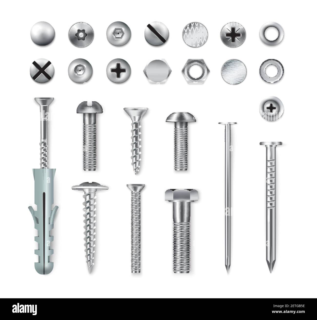 Set of realistic metal fastening items screws bolts nuts nails isolated on white background vector illustration Stock Vector