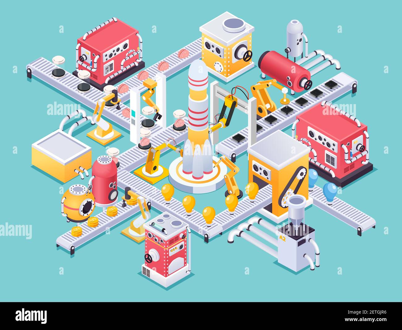 Isometric machine concept in steampunk style space craft manufacturing