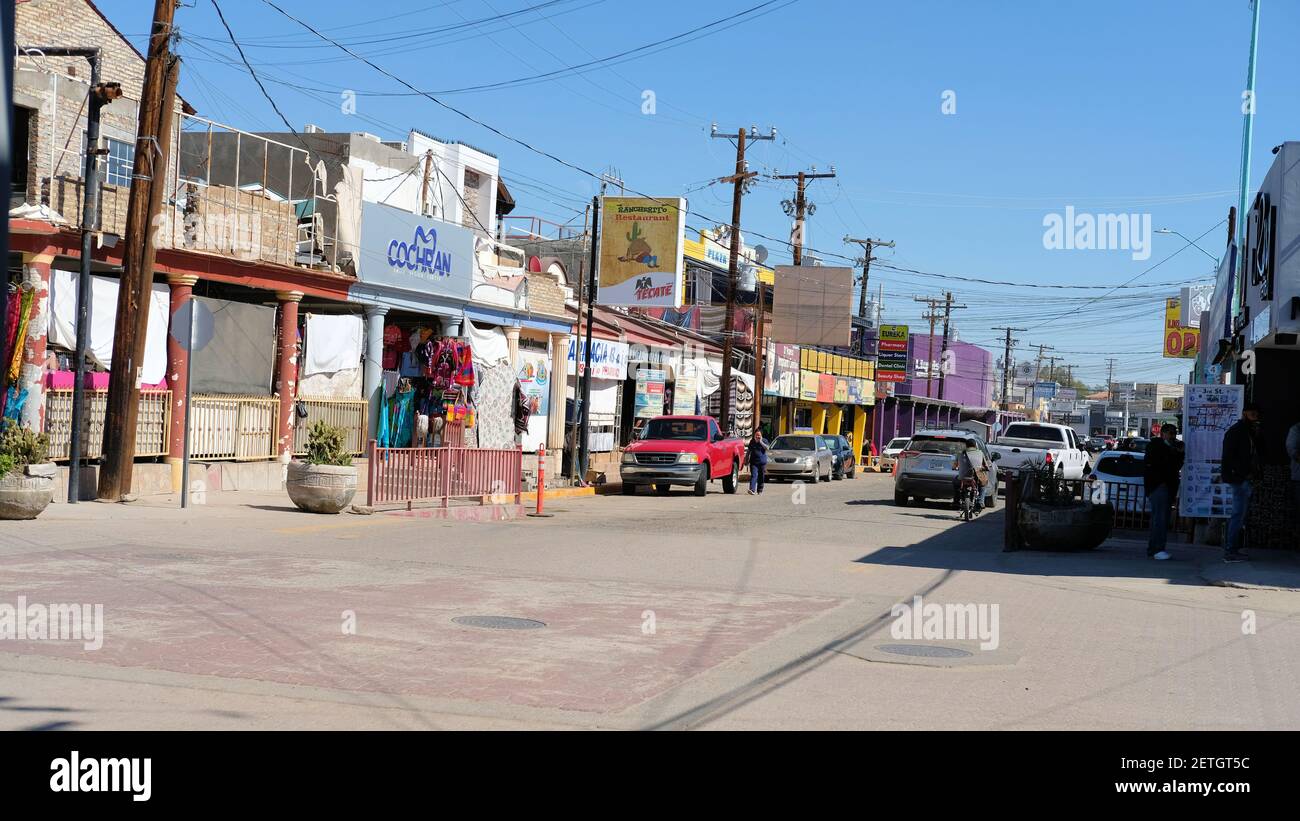 Los Algodones, Baja California, Mexico street on a sunny winter day; a