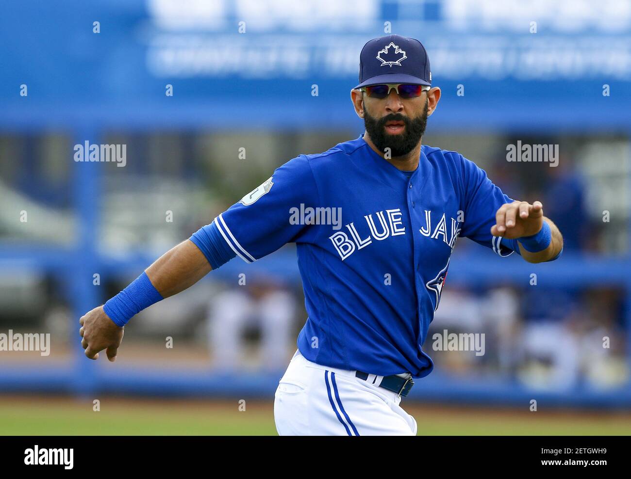 Feb 27 17 Dunedin Fl Usa Toronto Blue Jays Right Fielder Jose Bautista 19 Stretches In Between Innings Of A Baseball Game Against The Pittsburgh Pirates During Spring Training At Florida Auto