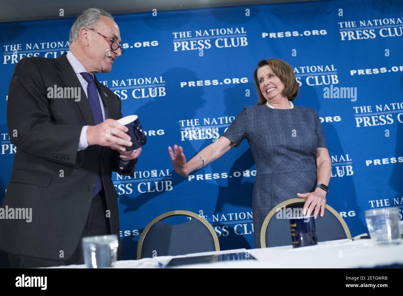 UNITED STATES - FEBRUARY 27: House Minority Leader Nancy Pelosi, D-Calif., and Senate Minority Leader Charles Schumer, D-N.Y., deliver a prebuttal at the National Press Club to tomorrow's address to a joint session of Congress by President Donald Trump, February 27, 2017. (Photo By Tom Williams/CQ Roll Call) *** Please Use Credit from Credit Field *** Stock Photo