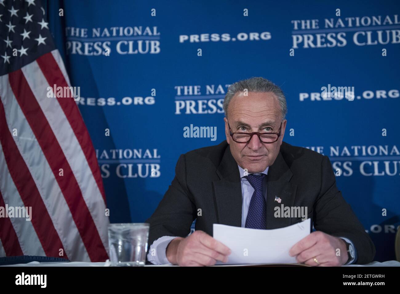 UNITED STATES - FEBRUARY 27: Senate Minority Leader Charles Schumer, D-N.Y., and House Minority Leader Nancy Pelosi, D-Calif., not pictured, deliver a prebuttal at the National Press Club to tomorrow's address to a joint session of Congress by President Donald Trump, February 27, 2017. (Photo By Tom Williams/CQ Roll Call) *** Please Use Credit from Credit Field *** Stock Photo