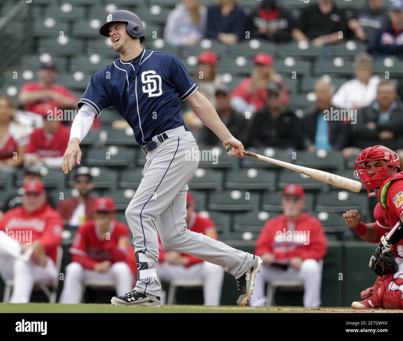 Feb 27, 2017; Tempe, AZ, USA; San Diego Padres first baseman Wil Myers (4) reacts after fouling off a pitch in the first inning during a spring training game against the Los Angeles Angels at Tempe Diablo Stadium. Mandatory Credit: Rick Scuteri-USA TODAY Sports *** Please Use Credit from Credit Field *** Stock Photo