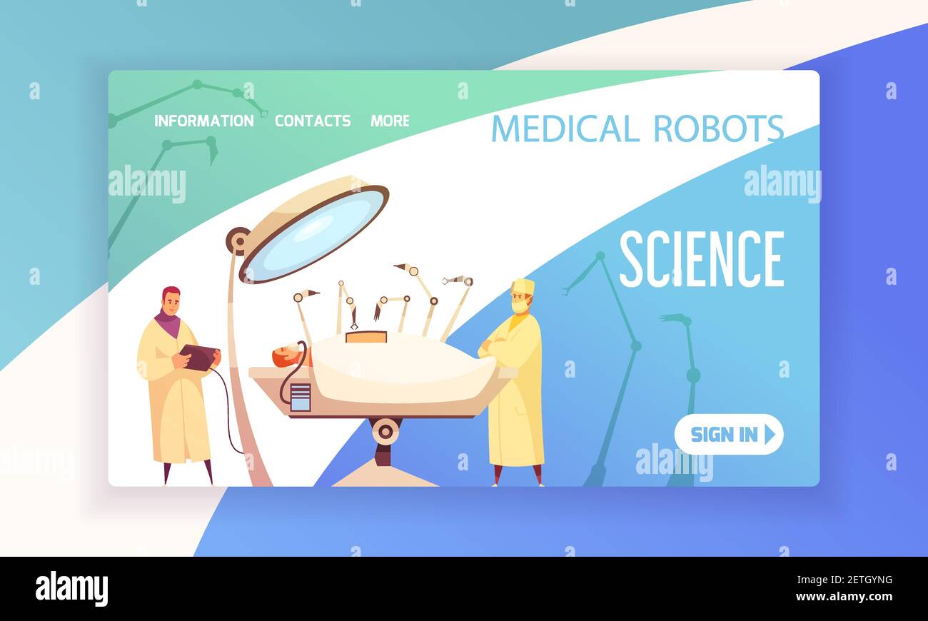 Medical robots landing page with surgeons in operating room equipped with modern devices vector illustration Stock Vector