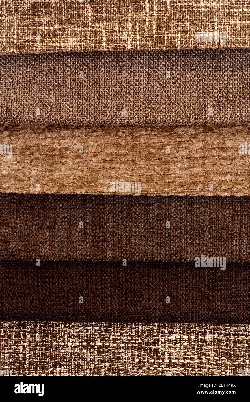 Collection of fabric in brown shades. Fabric sample. Multicolor Fabric