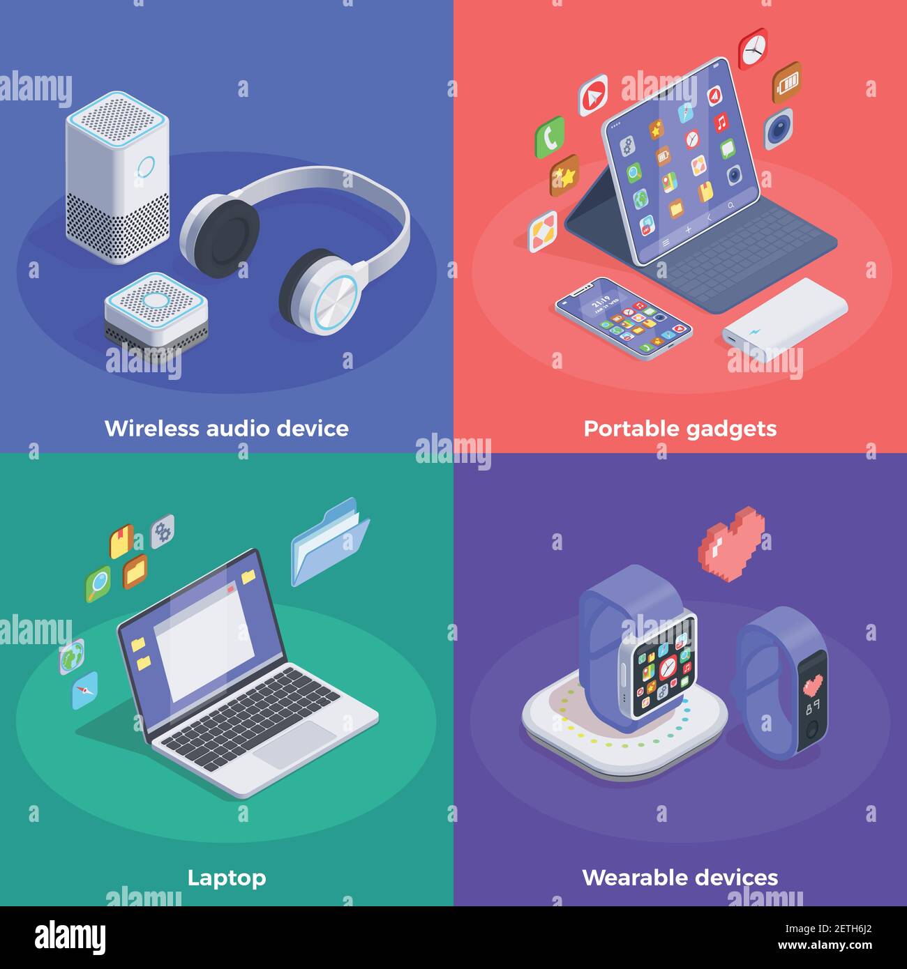 Modern devices isometric design concept with text and colourful images