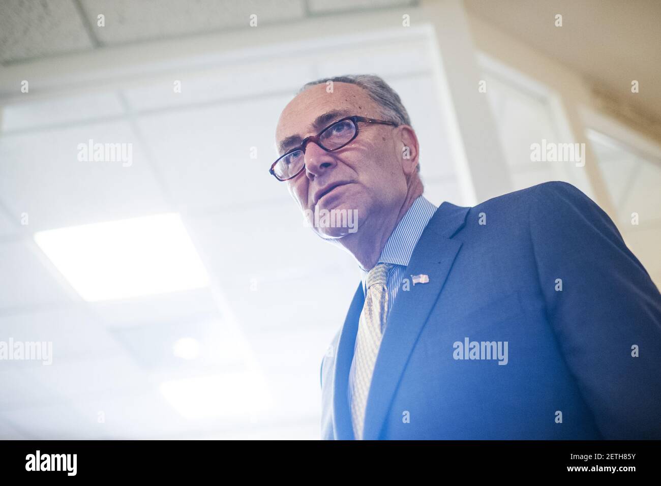 UNITED STATES - MARCH 2: Senate Minority Leader Charles Schumer, D-N.Y., arrives for a news conference in the Capitol on allegations that Attorney General Jeff Sessions did not disclose his contacts with the Russian ambassador when asked during his confirmation hearing, March 2, 2017. (Photo By Tom Williams/CQ Roll Call) *** Please Use Credit from Credit Field *** Stock Photo