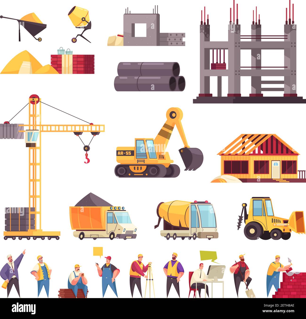 Construction flat set with unfinished building pipes crane bulldozer workers concrete mixer excavator isolated icons vector illustration Stock Vector