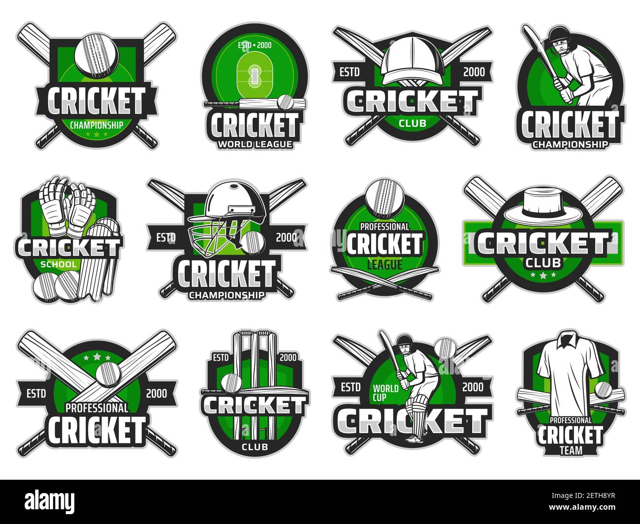 Cricket sport ball, bat and team player vector icons. Cricket field game isolated badges of wickets, batsman gloves, helmets and leg pads, hat, jersey Stock Vector