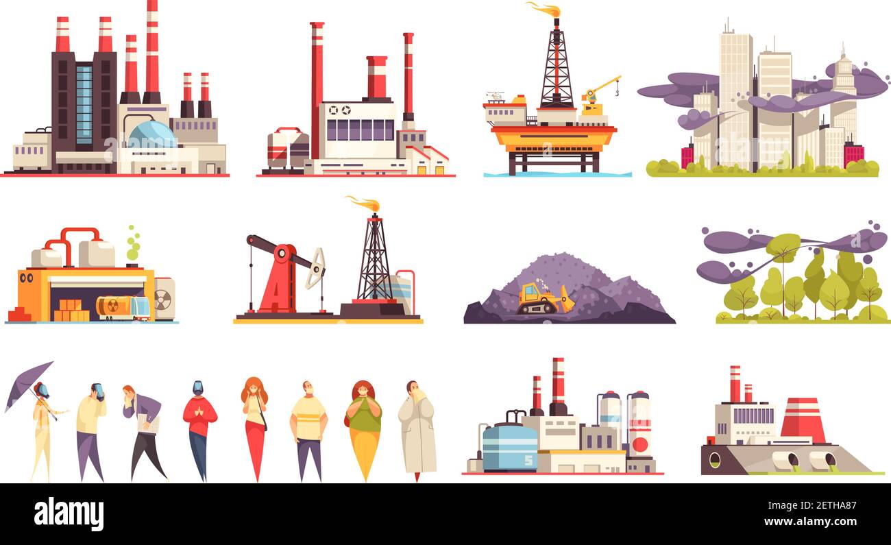 Industrial buildings cartoon set of factories power plants oil offshore platform isolated vector illustration Stock Vector