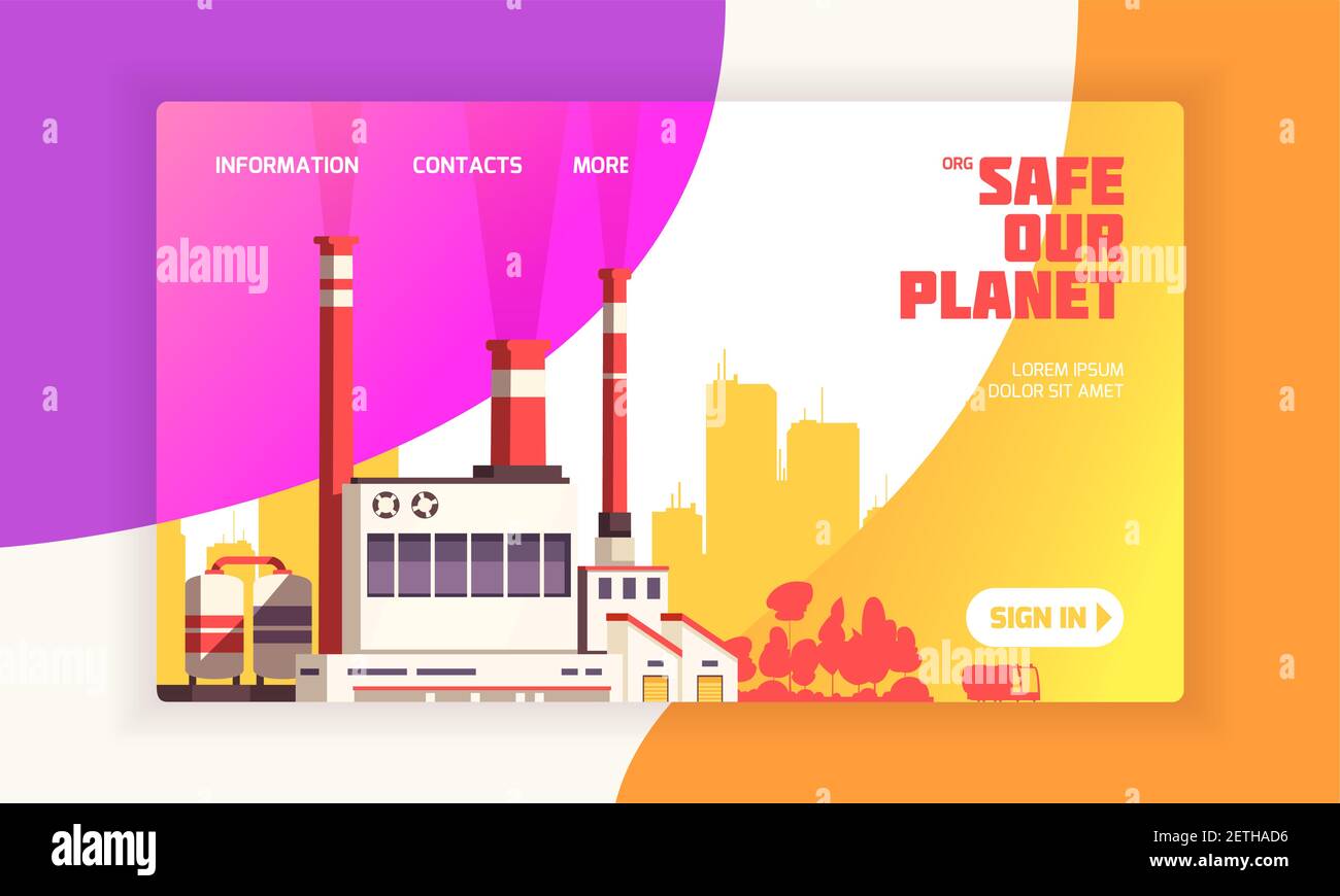 Urban landing page for environmental defense websites with power plant and caption safe our planet vector illustration Stock Vector