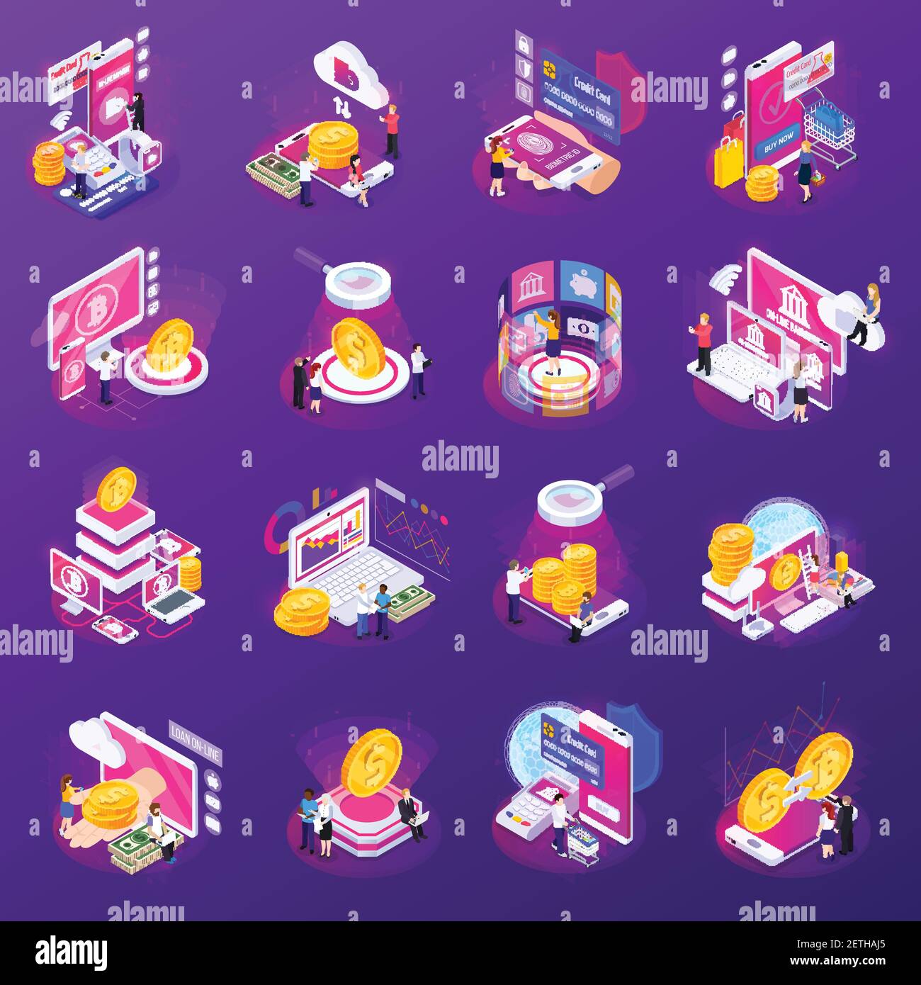 Financial technology set of isometric icons with glow on purple ...