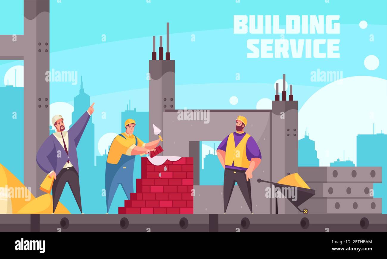 Building service flat poster with industrial technician instructing team of builders making brickwork vector illustration Stock Vector