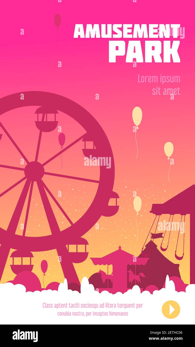 Amusement park poster with ferris wheel carousel and circus tent ...