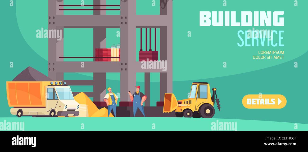 Building service horizontal web banner with truck of concrete tractor with bucket and workers at building construction flat vector illustration Stock Vector