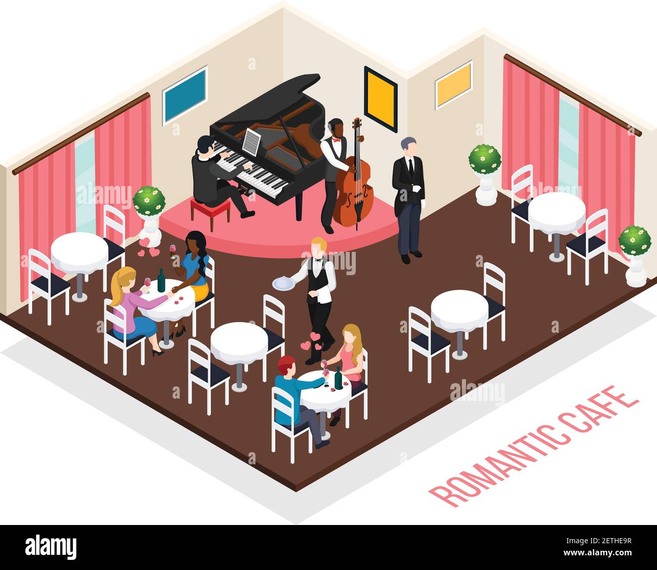 Musicians of romantic cafe pianist performer on contrabass and customers at tables isometric composition vector illustration Stock Vector