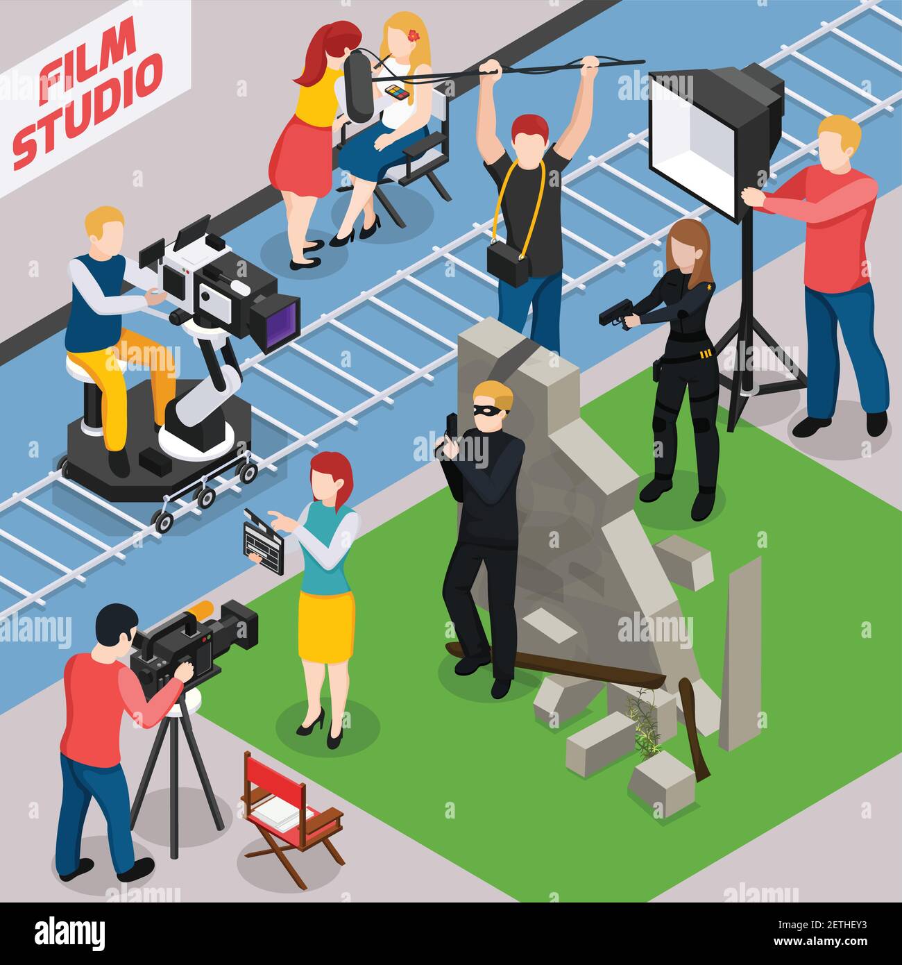 Film studio isometric composition with actors videographers sound