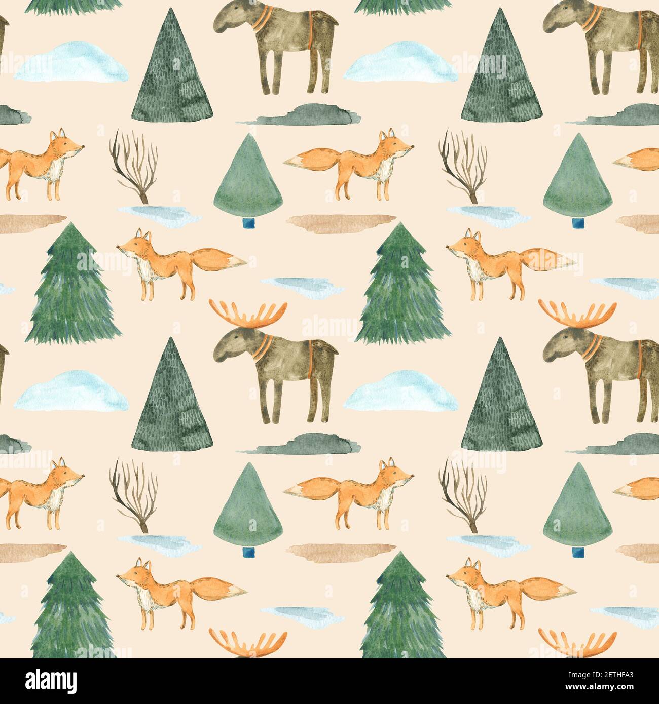 Seamless pattern forest animals, forest, coniferous trees, pine trees
