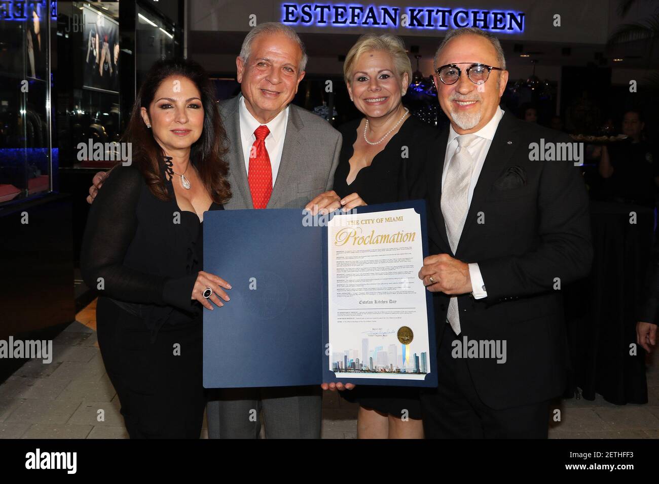 MIAMI, FL - MARCH 03: Gloria Estefan, Tomas Regalado, Ana Cristina  Carrodeguas and Emilio Estefan are seen at the grand opening of the Estefan  Kitchen restaurant at the Palm Court in the