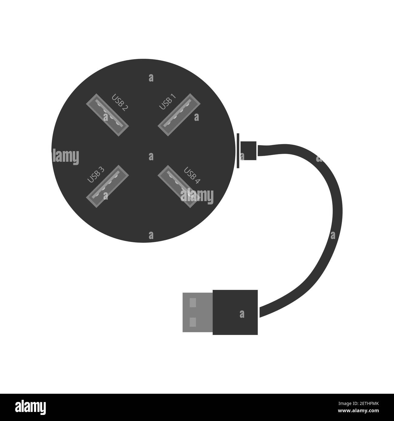Round USB hub with USB ports, port signature and power cable. A