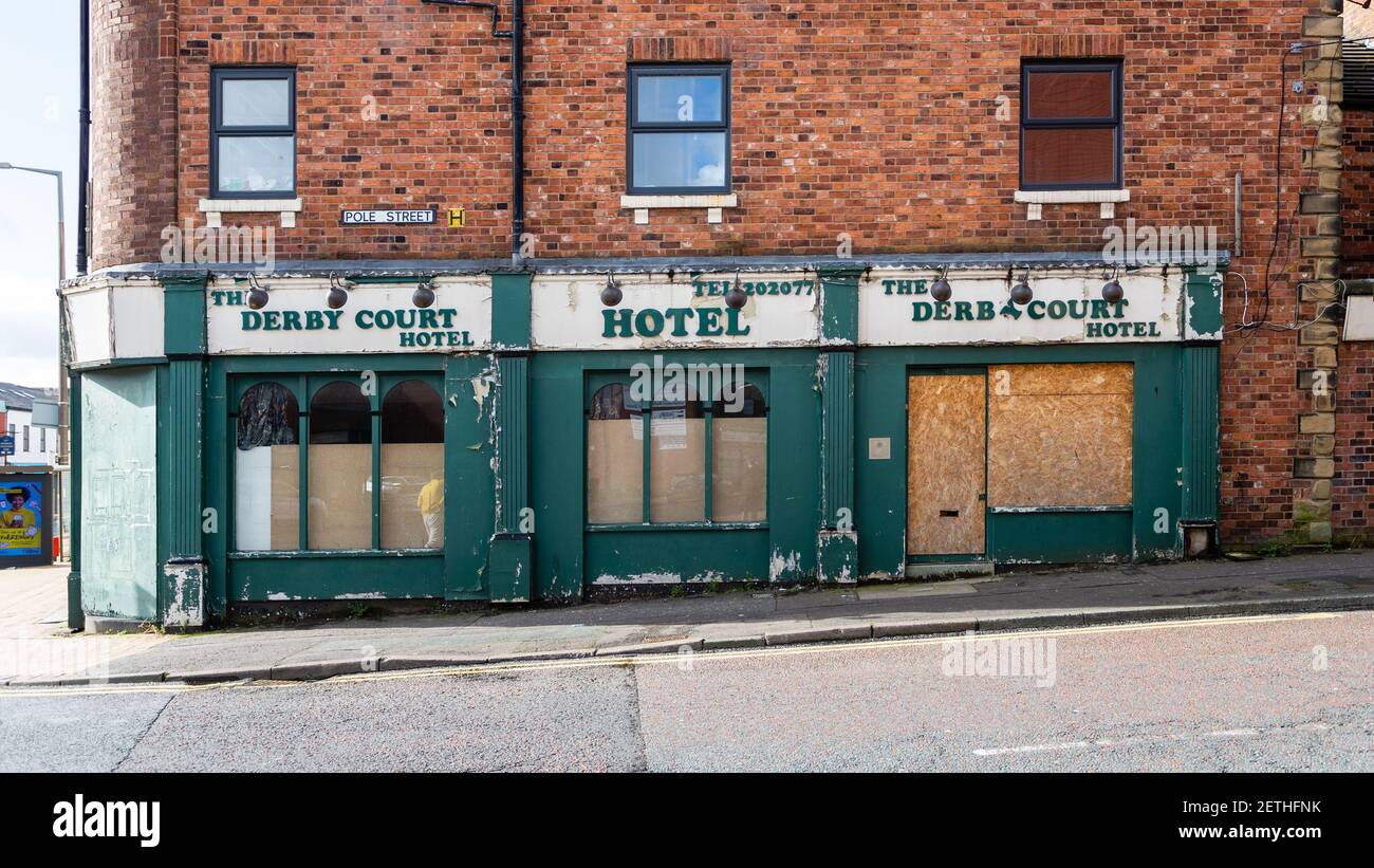 The old abandoned Derby Court Hotel in Preston, Lancashire. Stock Photo