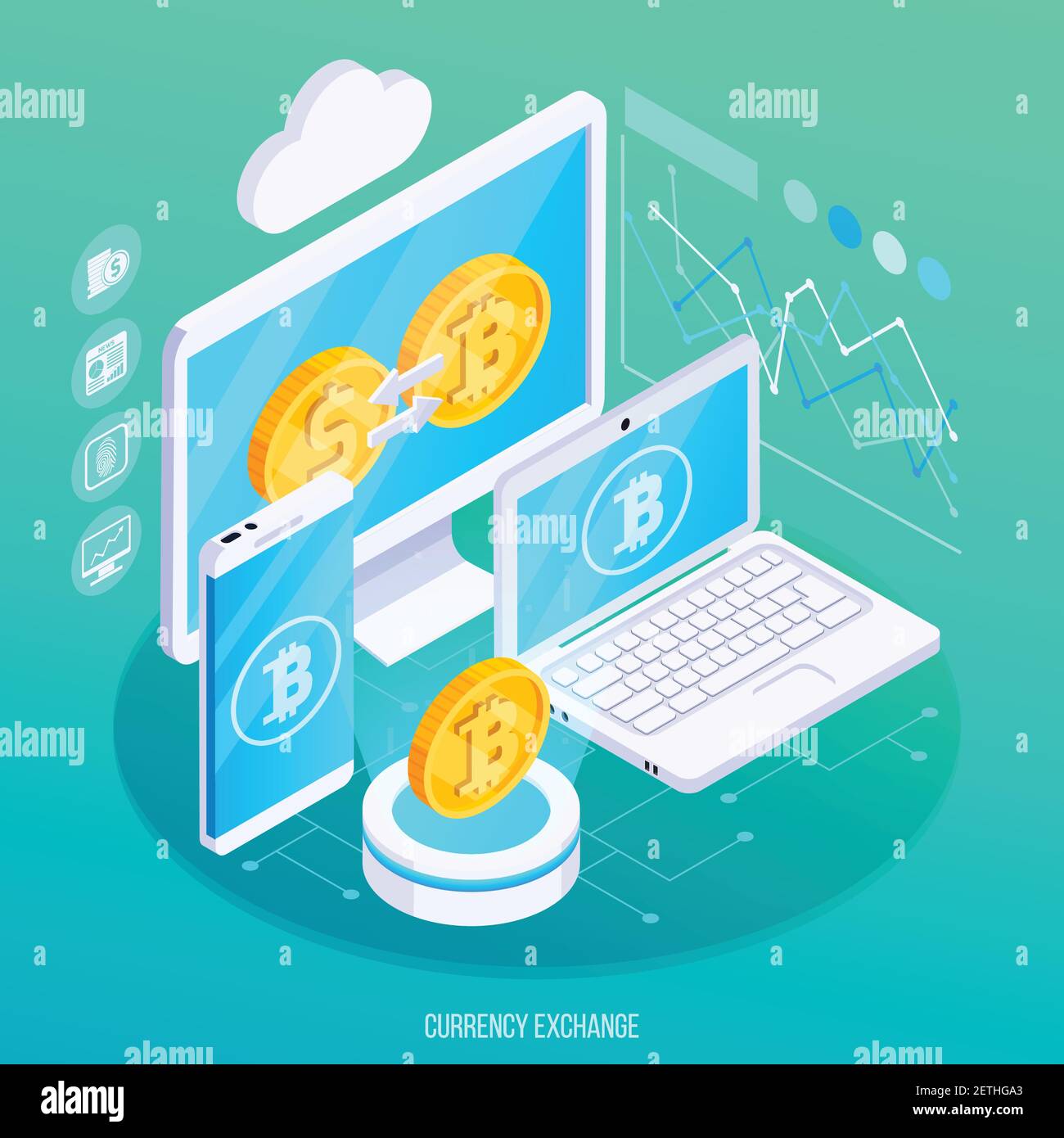 Exchange of virtual currency to real money isometric composition with