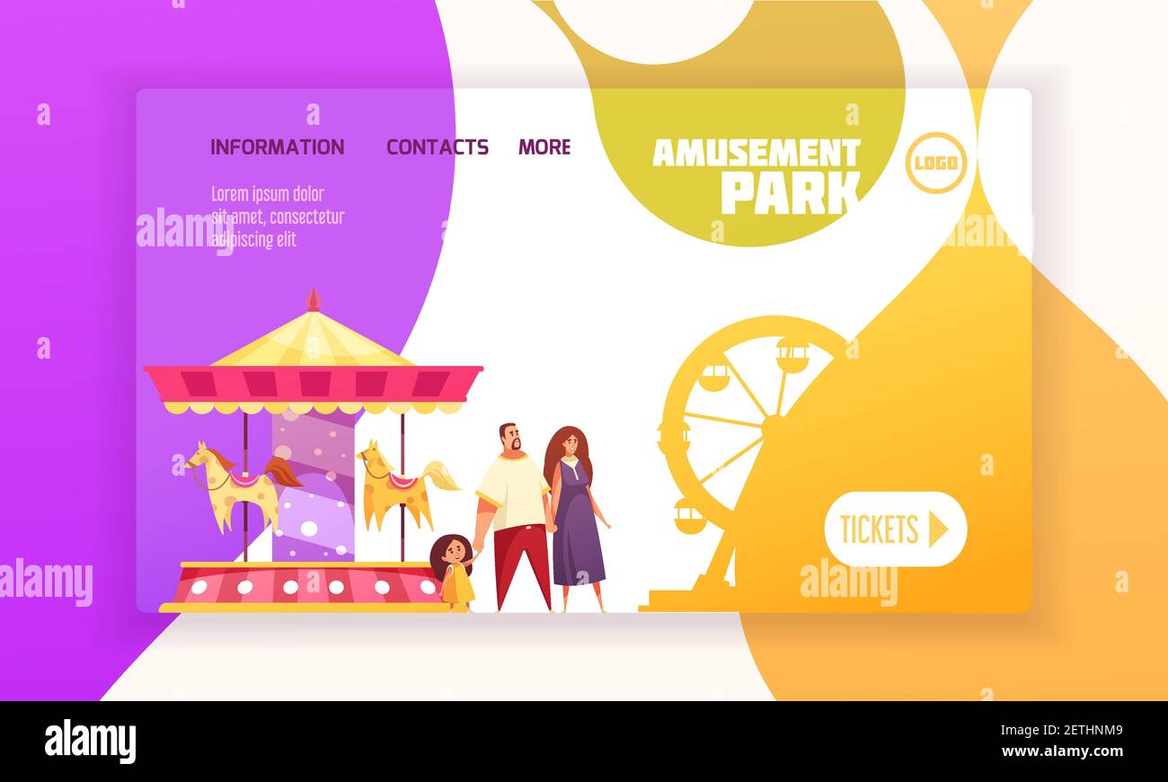 Amusement park landing page with family near carousel and ferris wheel ...