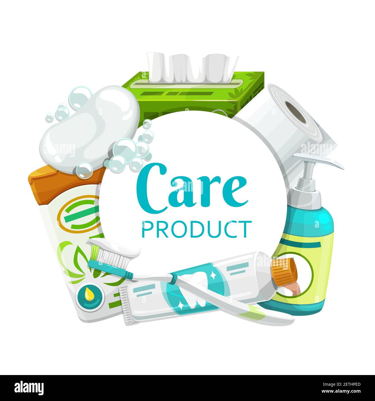 Hygiene, health care products round frame. Vector soap, toilet paper