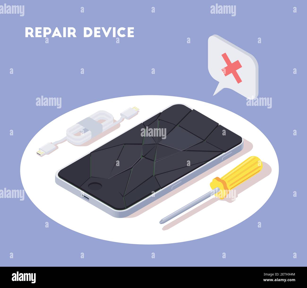 Modern devices isometric background composition with view of smartphone with broken screen and instruments with text vector illustration Stock Vector