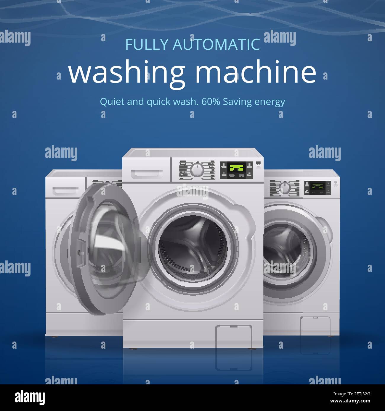 Washing machine realistic poster with quiet and quick wash symbols