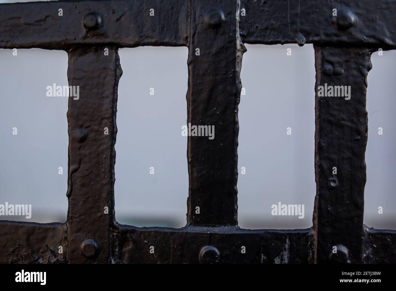 black painted metal fence. Metal rods welded together. Metal black