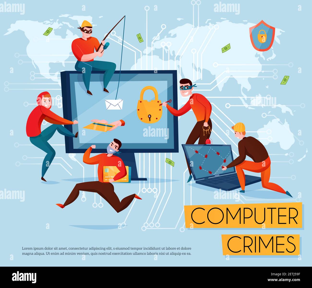 Phishing hacker attack on computer. Human shadow steals data from a  computer. Vector illustration Stock Vector