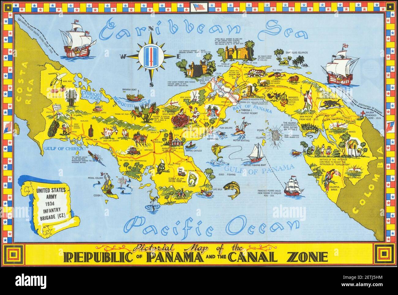 Pictorial Map of the Republic of Panama and the Canal Zone. Stock Photo