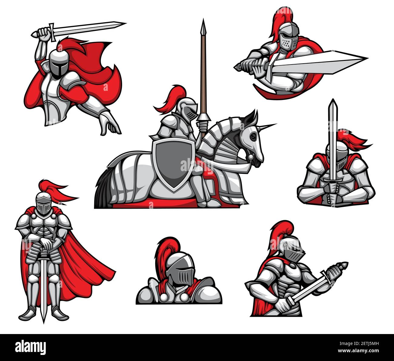 Medieval knights warrior mascots, heraldry characters vector. Knight in armor, red cape and helmet with ponytail, swinging with two side sword, riding Stock Vector