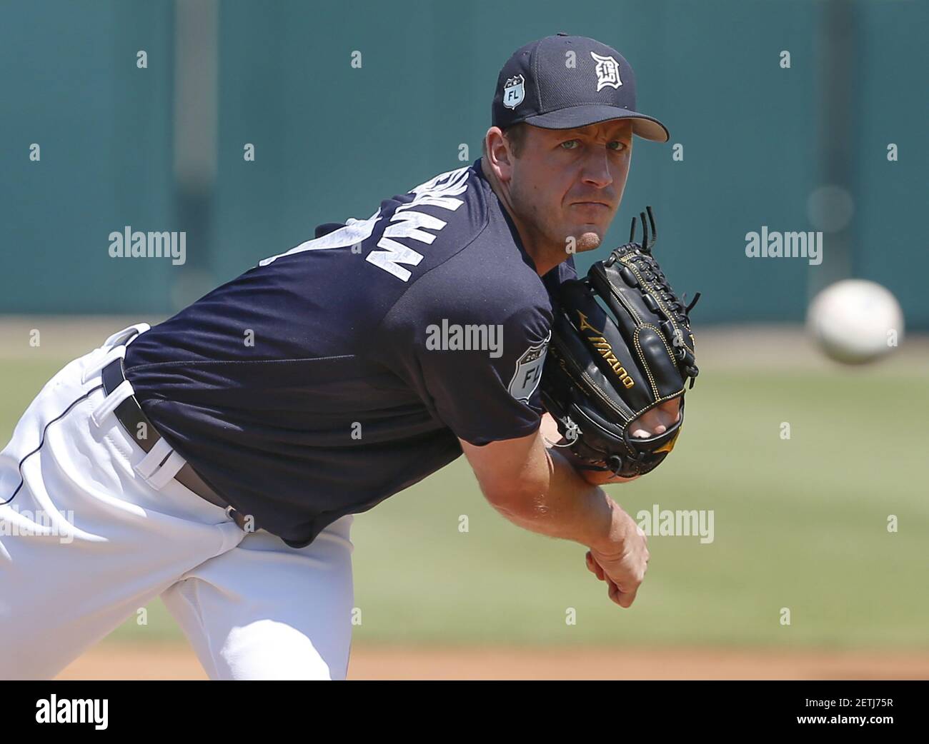 Mar 10, 2017; Lakeland, FL, USA; Detroit Tigers starting pitcher Jordan Zimmermann (27) throws a pitch before the first inning of an MLB spring training baseball game against the Toronto Blue Jays at Joker Marchant Stadium. Mandatory Credit: Reinhold Matay-USA TODAY Sports *** Please Use Credit from Credit Field *** Stock Photo